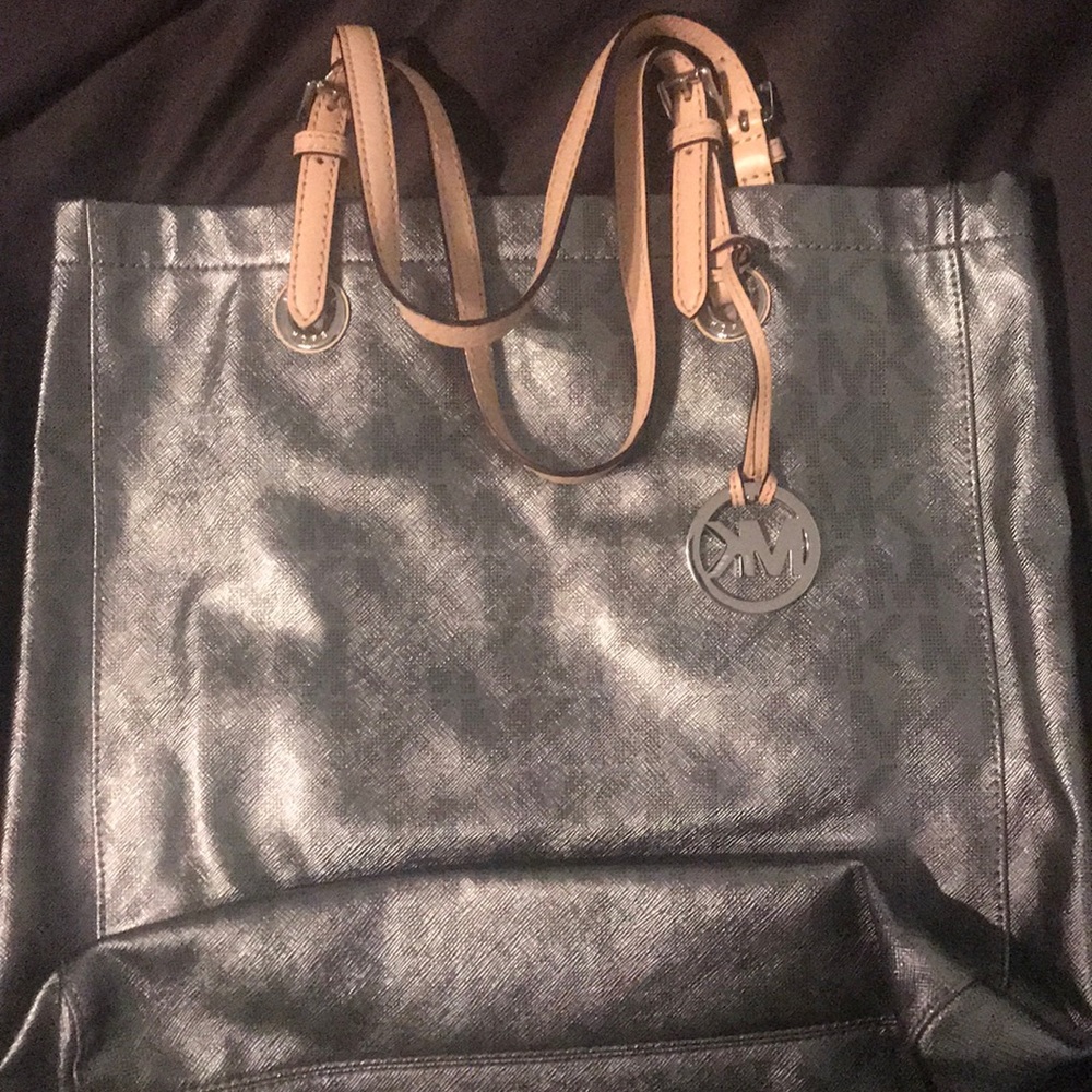 Michael Kors metallic gunmetal MK tote